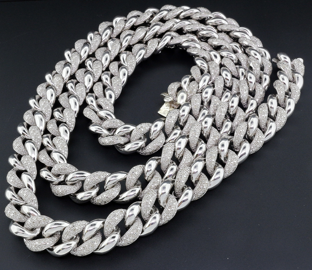 Diamond Miami Cuban Chain Mens .925 Sterling Silver 11 MM Necklace Link ...