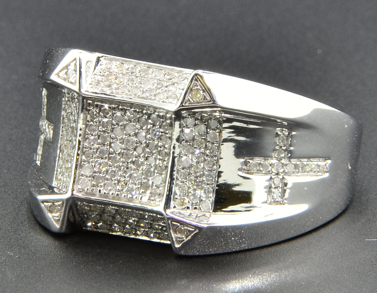 Diamond Statement Pinky Ring Mens 10K White Gold Religious Cross Band 1 ...